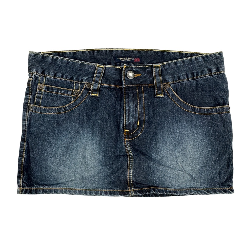 Y2K American Eagle Denim Mini Skirt Dark Wash Size 10 Low Rise Festival Grunge